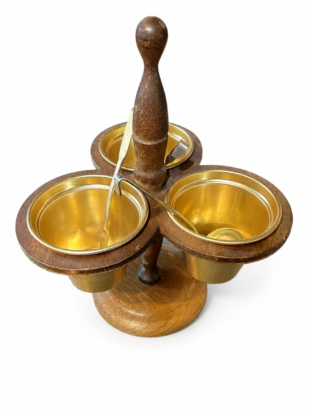 Vintage, Mid-Century Modern Wooden Condiment Holder with Gold Bowls & Ladles